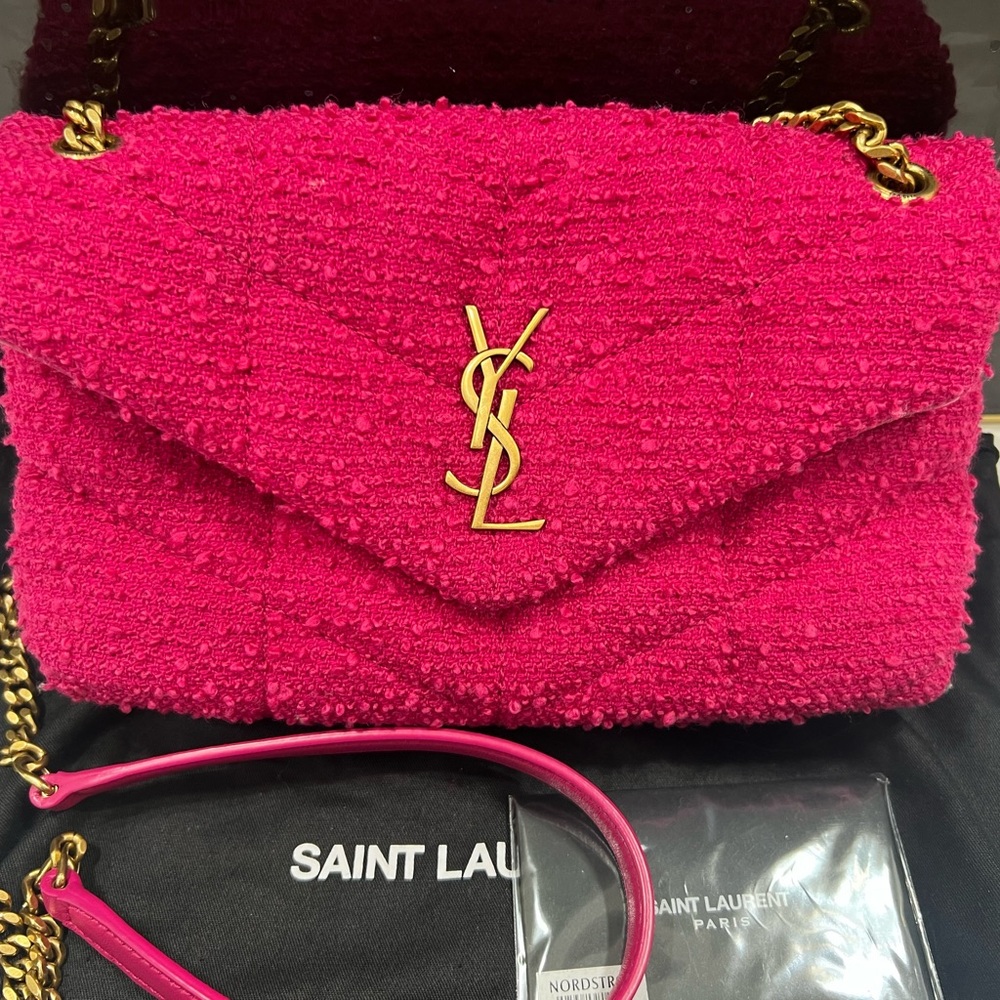 Yves Saint Laurent Tweed Fuchsia Puffer bag with chain